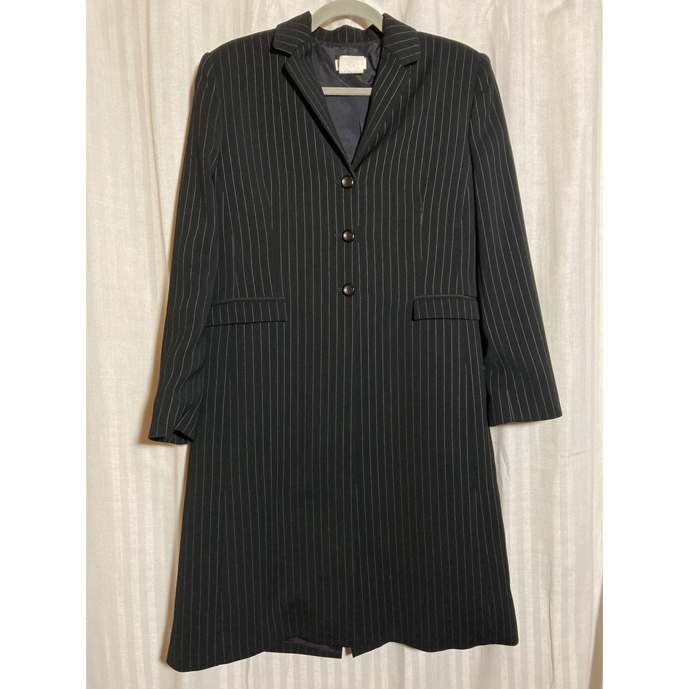 Vintage Pinstripe Longline Blazer Coat Black 90s Tailored Trench Jacket Women